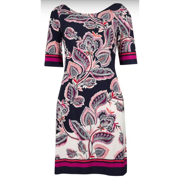 Eliza J Bold Floral Print Knee Length Shift Dress Navy 6 Elbow Sleeves 6 Bandana - Picture 1 of 15